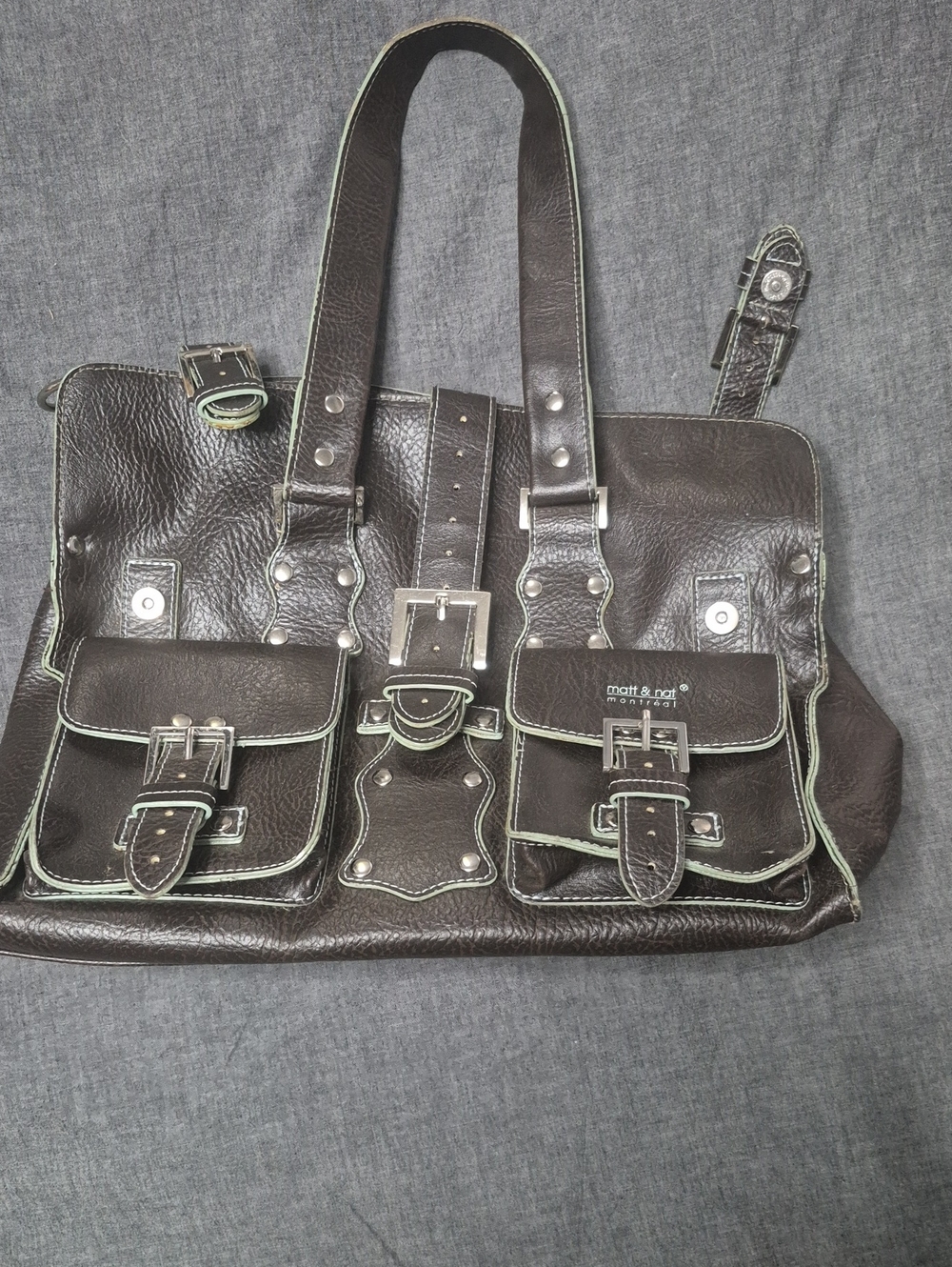 Matt & Nat Dark Brown Shoulder Bag with Light Trim and Buckle Pockets